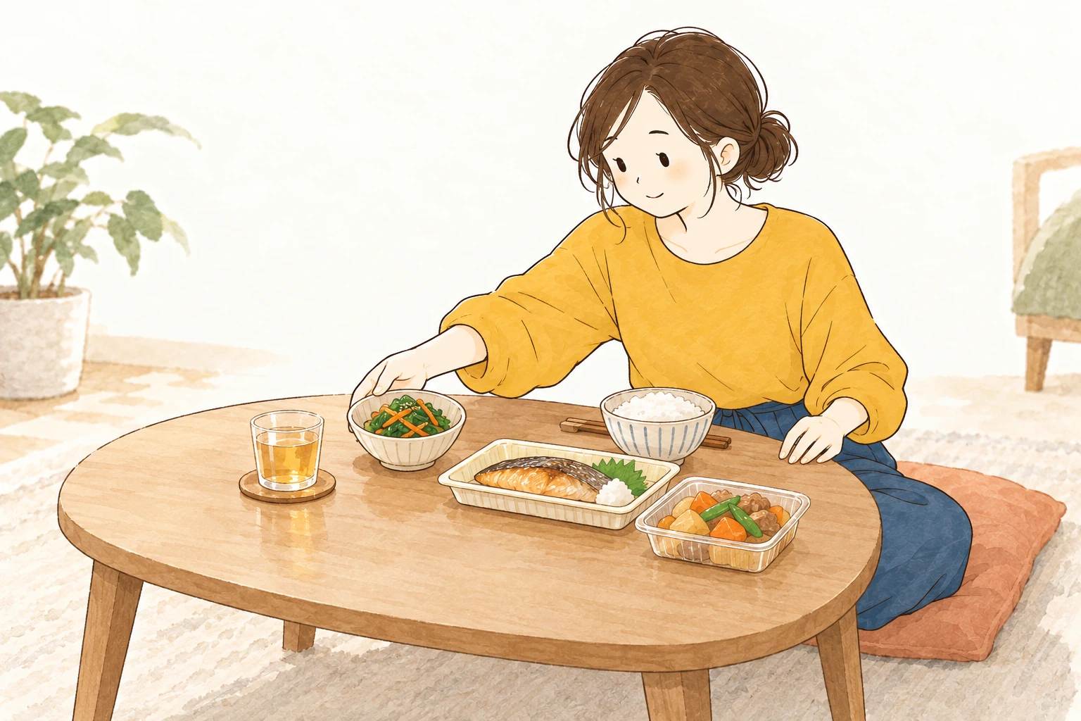 買ったおかずとごはんに、野菜の小鉢を添える女性