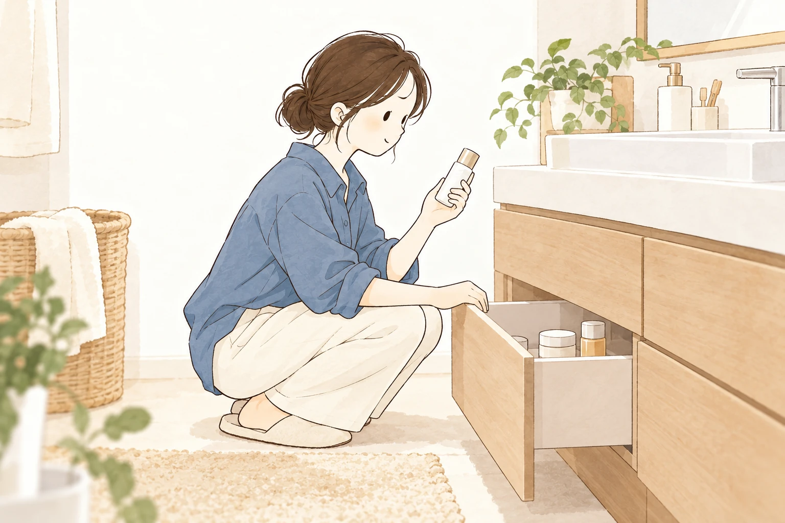 引き出しの前でしゃがみ、使いかけの化粧品を確かめる女性