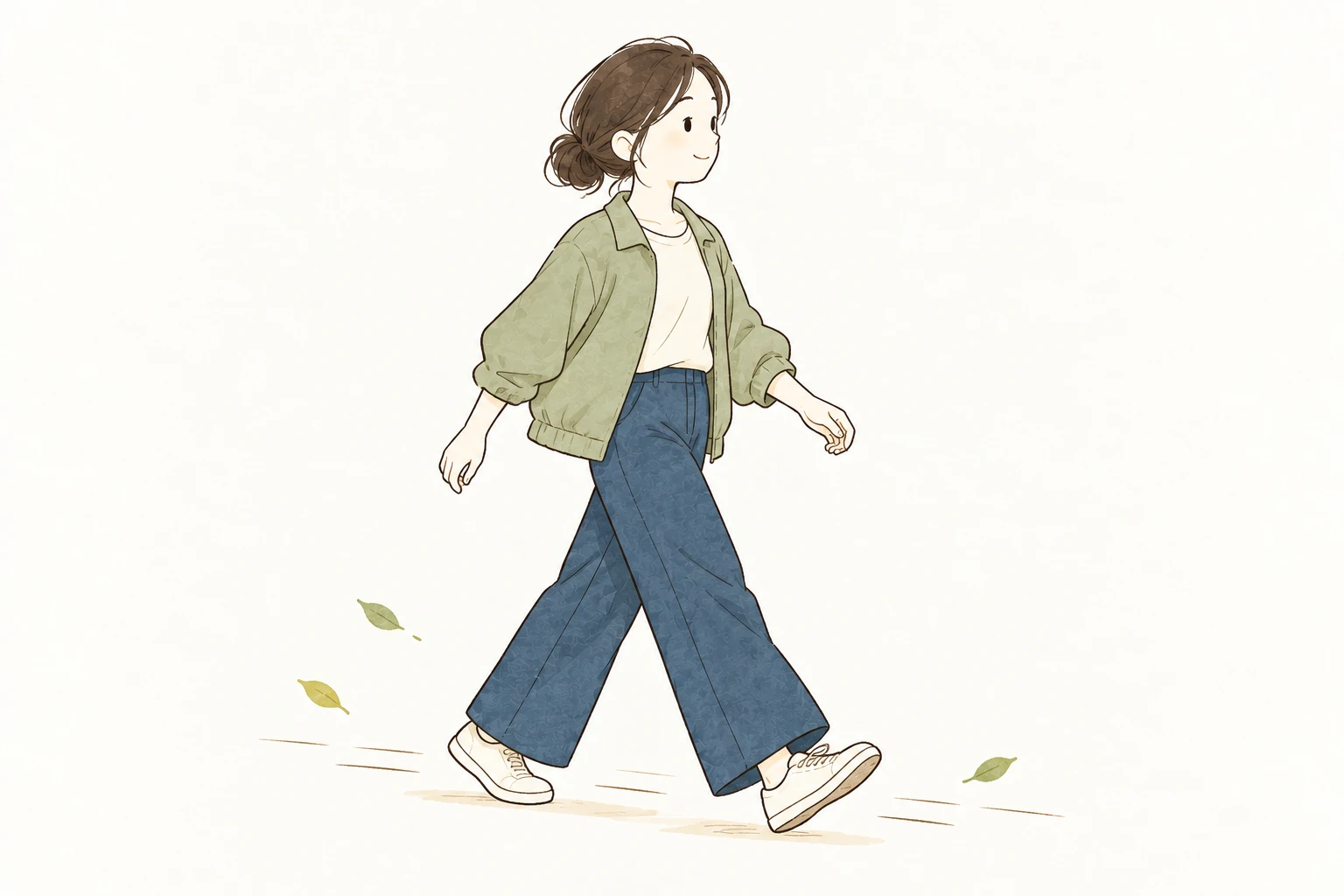 歩きやすい靴で、腕を自然に振って歩く女性
