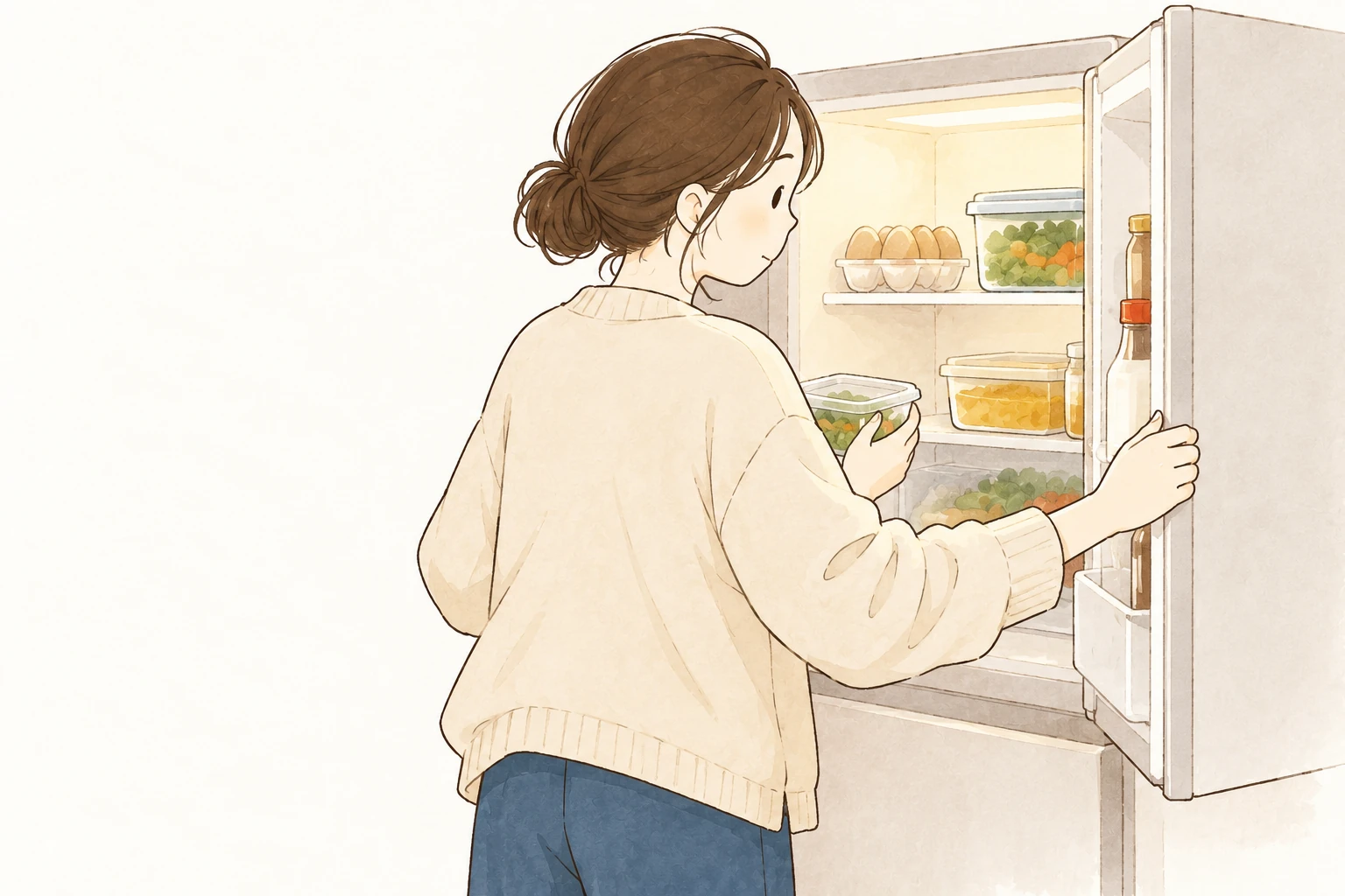冷蔵庫を開け、家にある食材を確かめるまとめ髪の女性