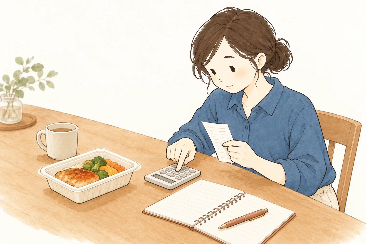 明細と電卓で宅食の費用を確かめる女性