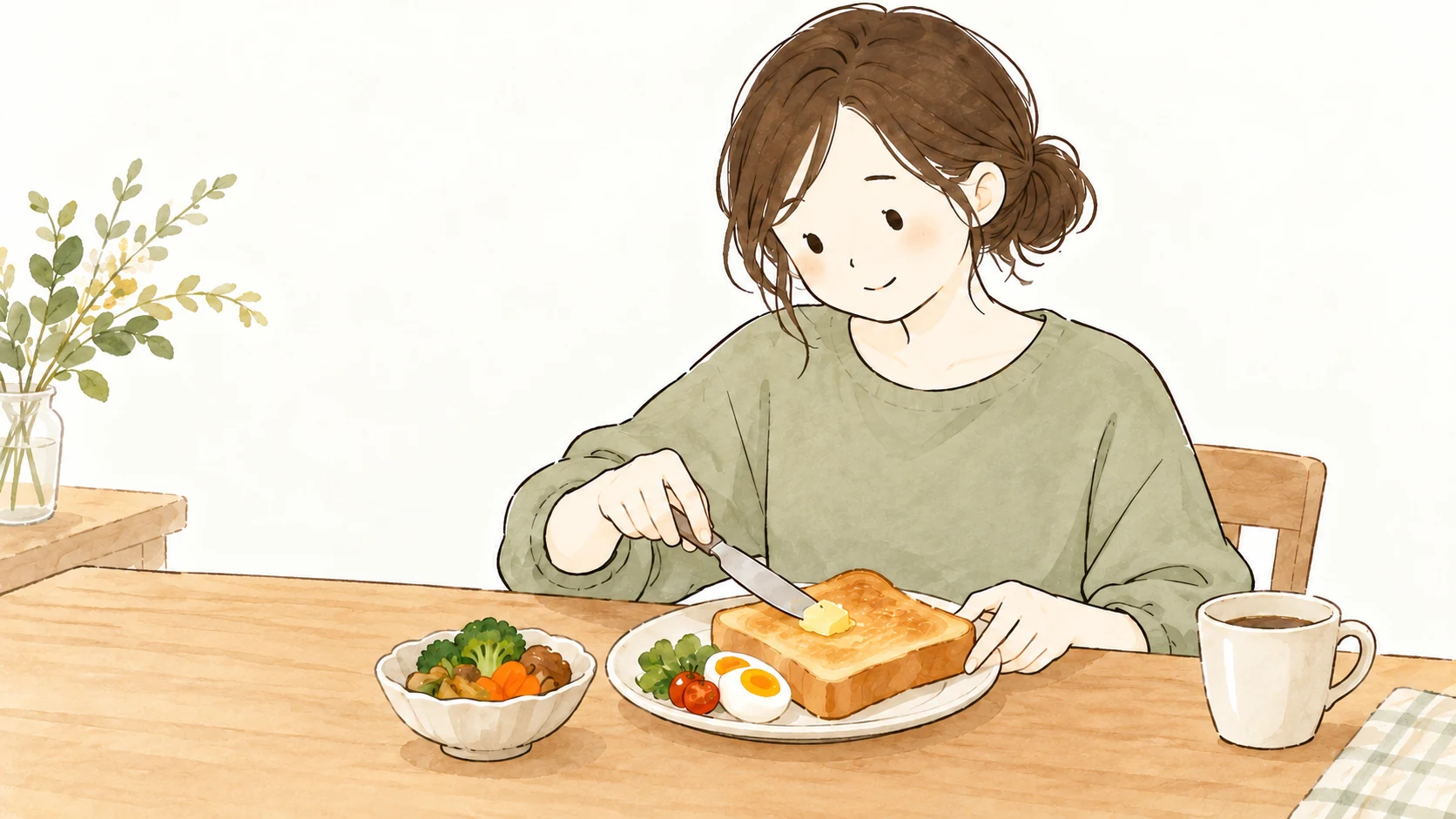 野菜と卵を添えた朝の食卓で、トーストにバターを塗るまとめ髪の女性。