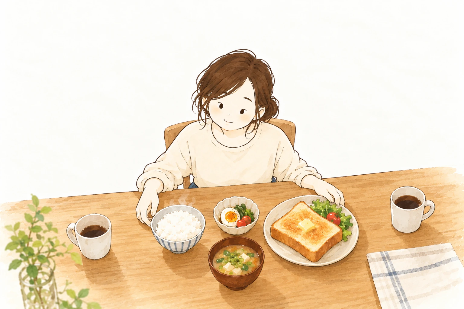ごはんとトーストを食卓で見比べる女性を斜め上から見たイラスト
