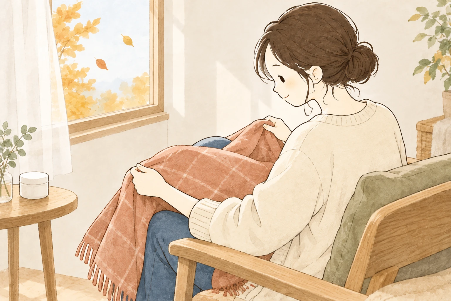 季節が変わる窓辺で、ひざ掛けを広げる女性と手持ちのクリーム