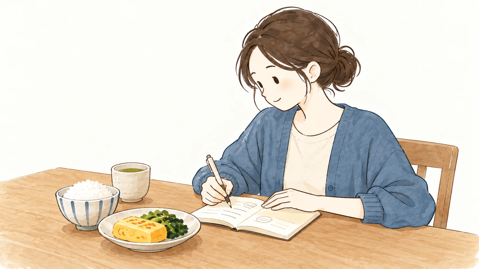 ごはんのある食卓で、ノートに食事のメモをつけるまとめ髪の女性。