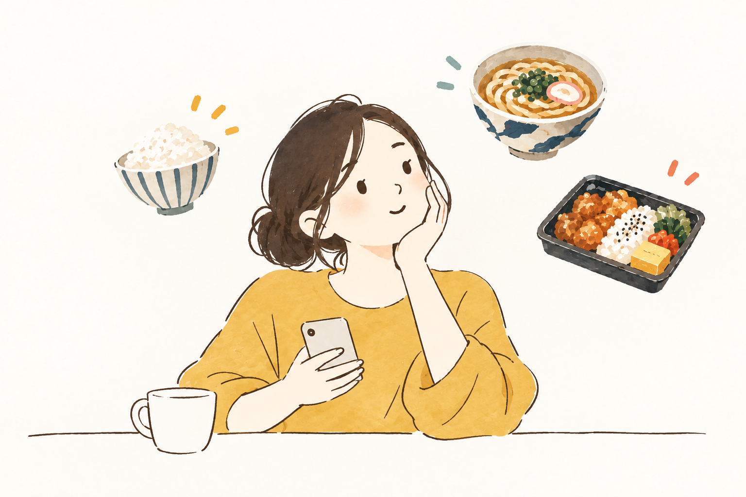 まとめ髪の女性が、食卓に並ぶ料理を前に夕食を考えている手描きイラスト
