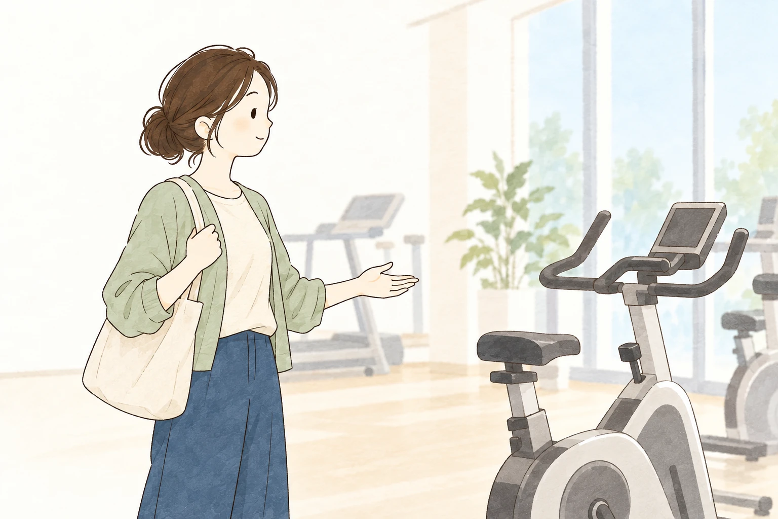 ジムを見学し、トレーニング器具と施設の様子を確かめる女性のイメージ