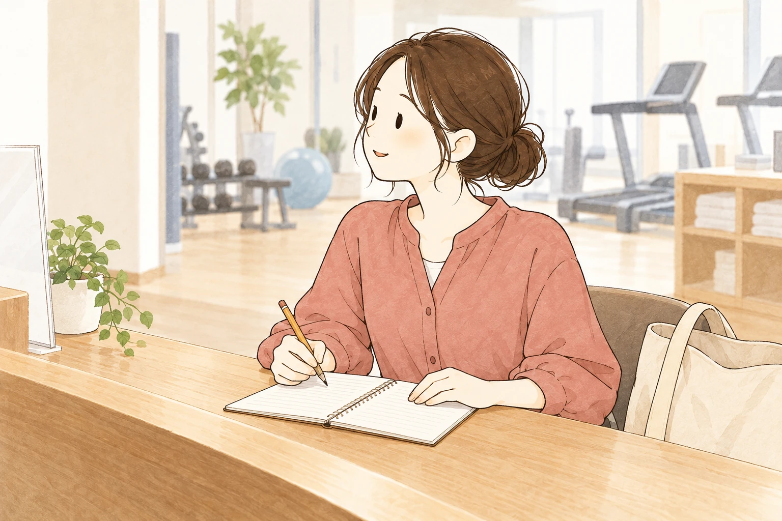 見学の受付で、聞きたいことをメモしたノートを開く女性のイメージ