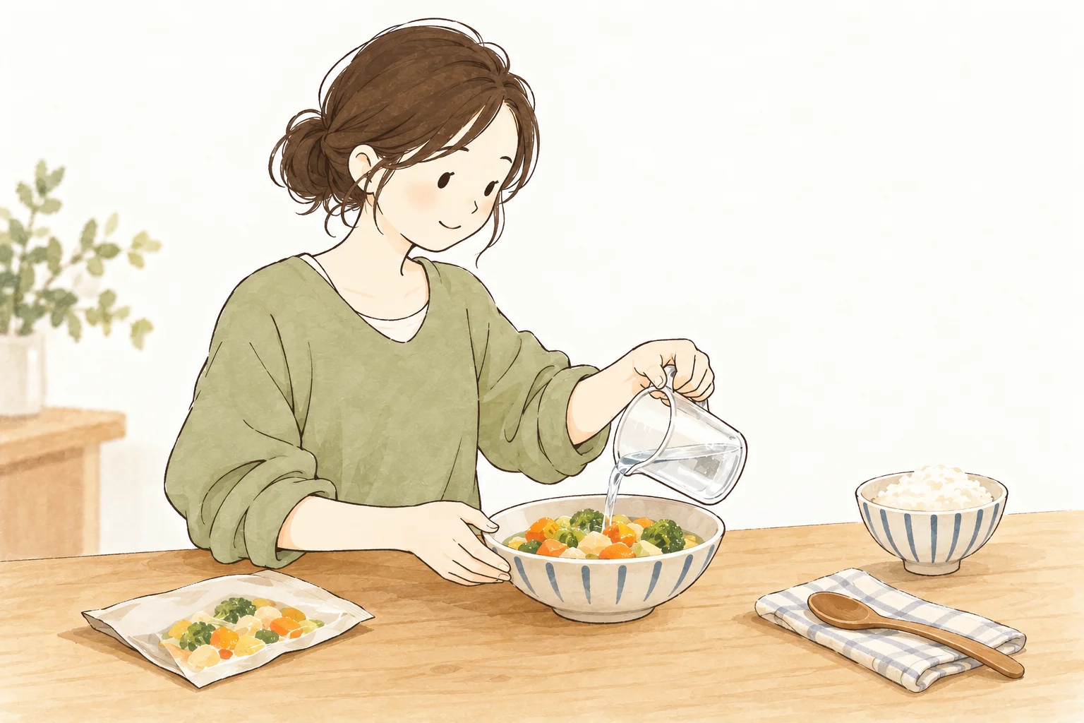 スープの器に水を注ぎ、ご飯との組み合わせを考えるまとめ髪の女性のイメージ