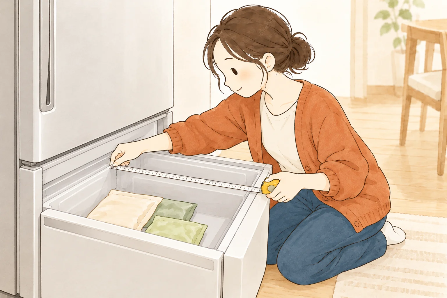 冷蔵庫の下段冷凍室を開け、メジャーで幅を測るまとめ髪の女性のイメージ