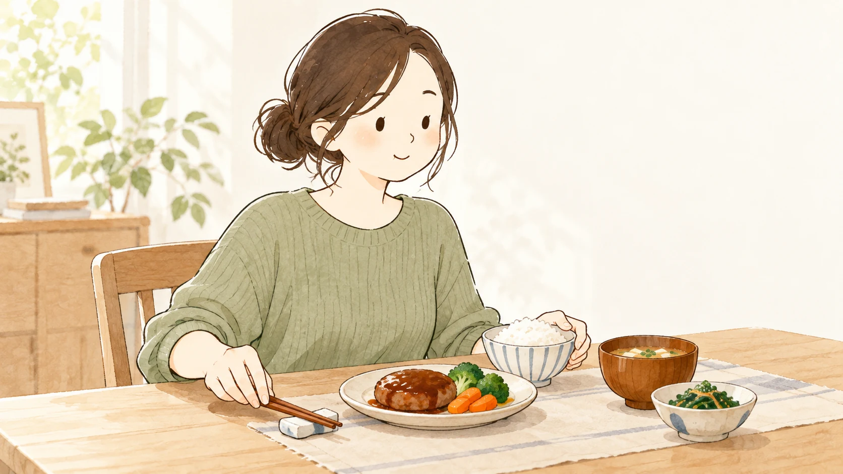ご飯とおかずのある食卓で、ひと口の合間に箸を置くまとめ髪の女性。