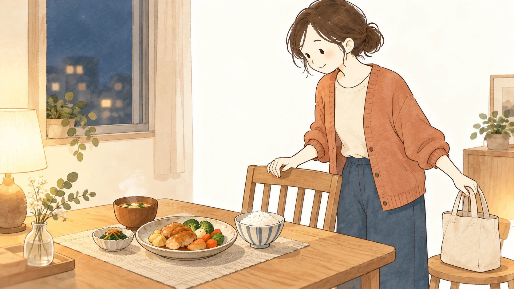 夜の食卓で椅子を引き、温かい夕食を前にするまとめ髪の女性。